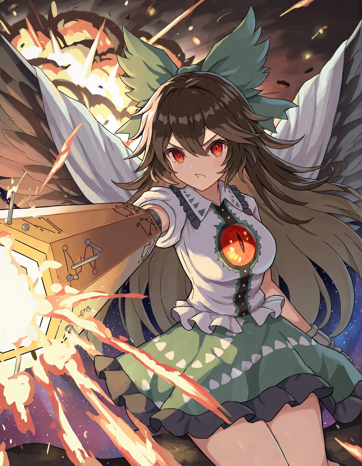 oridays, 1girl, solo, reiuji utsuho, explosion, fire, arm cannon, aiming at viewer, firing, prosthetic arm,
very awa, masterpiece, best quality, year 2024, newest, highres, absurdres, <lora:oridays-style-noobai-vpred10:1>