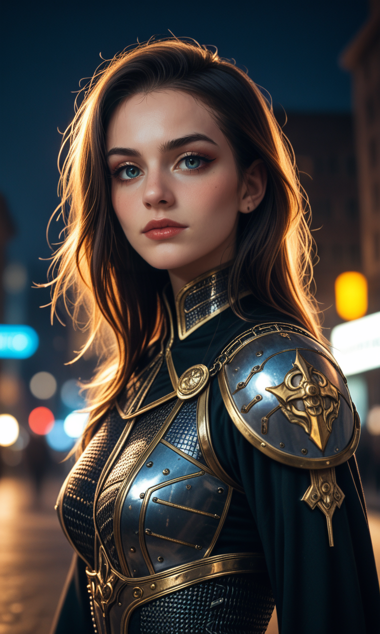 score_9, score_8_up, score_7_up, 4n1v3rs3, (Hyperrealistic Photo), Gothic art, dark tones, intricate details, dramatic lighting, high contrast, medieval influence, ornate, mysterious, detailed armor, cyberpunk elements, cityscape, atmospheric, moody, haunting beauty, sharp shadows, textured, (dynamic pose), depth of field, gold embedded, (intricate details), (dynamic angle), (cinematic lights), seductive, innocent, sharp