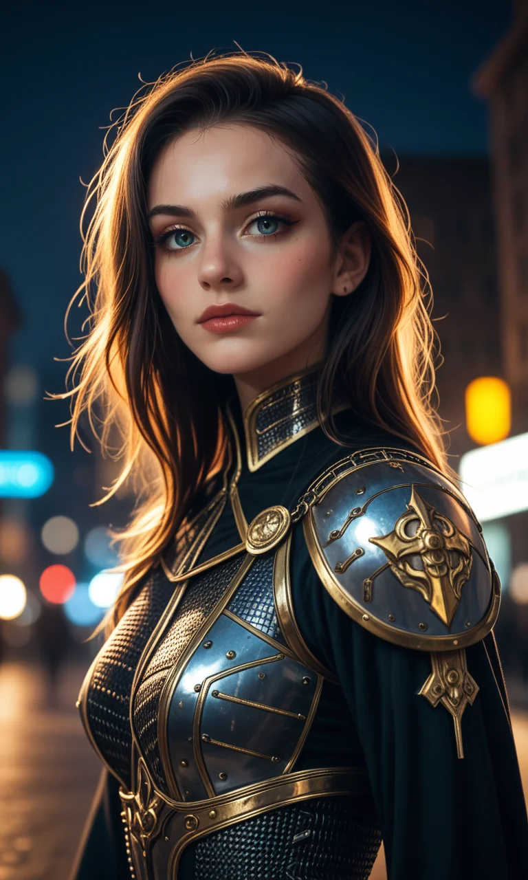 score_9, score_8_up, score_7_up, 4n1v3rs3, (Hyperrealistic Photo), Gothic art, dark tones, intricate details, dramatic lighting, high contrast, medieval influence, ornate, mysterious, detailed armor, cyberpunk elements, cityscape, atmospheric, moody, haunting beauty, sharp shadows, textured, (dynamic pose), depth of field, gold embedded, (intricate details), (dynamic angle), (cinematic lights), seductive, innocent, sharp