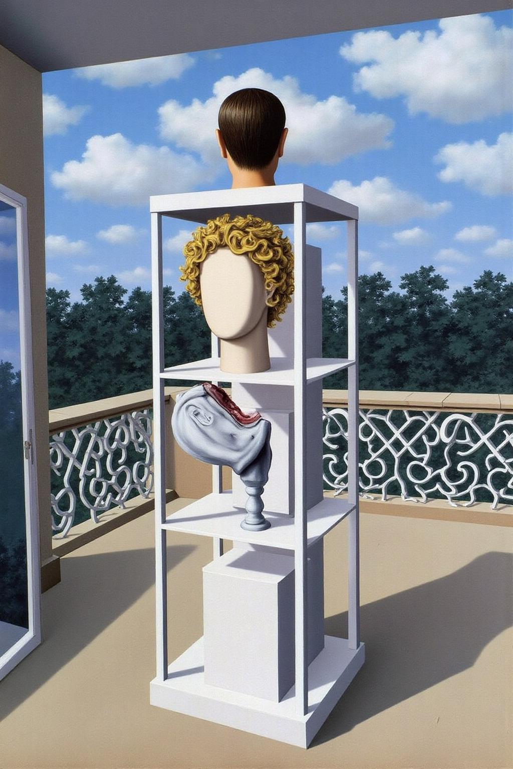 renemag1 painting.
An unusual, dreamlike scene set on a balcony or terrace. The central figure is a white pedestal with a mannequin head in the middle shelf, positioned upright, wearing a curly, golden wig. The head is placed on a pedestal with a simple, geometric structure, and the mannequin's face is blank, giving it a somewhat eerie appearance. On the top of the pedestal is the backview of the severed head of a man with short cropped hair.
 <lora:renemag1_cap_d6a3:1.0><lora:829567942753733183:0>