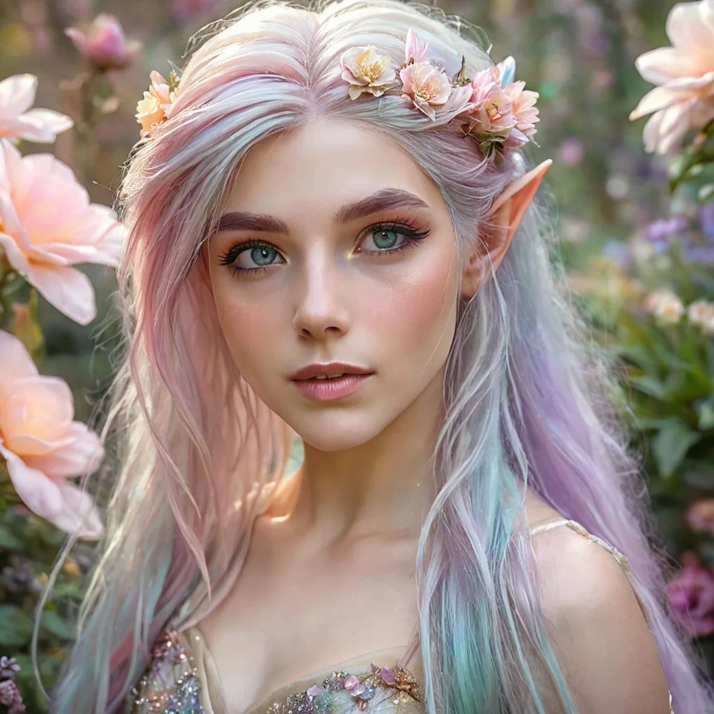 "An upper body photo of an ethereal elven princess with long, flowing pastel-colored hair, a blend of soft pink, lavender, and silver. Her eyes are a striking shade of blue, framed by delicate, natural makeup that enhances her otherworldly beauty. She is adorned with a crown of small, delicate flowers in soft pink and peach tones that match the vibrant blossoms surrounding her. Her gown is made of shimmering, iridescent fabric that reflects the soft colors of a blooming garden. The background is a magical, flower-filled garden bathed in warm, golden light, with large, blooming roses and lush greenery enhancing the serene and enchanting atmosphere."