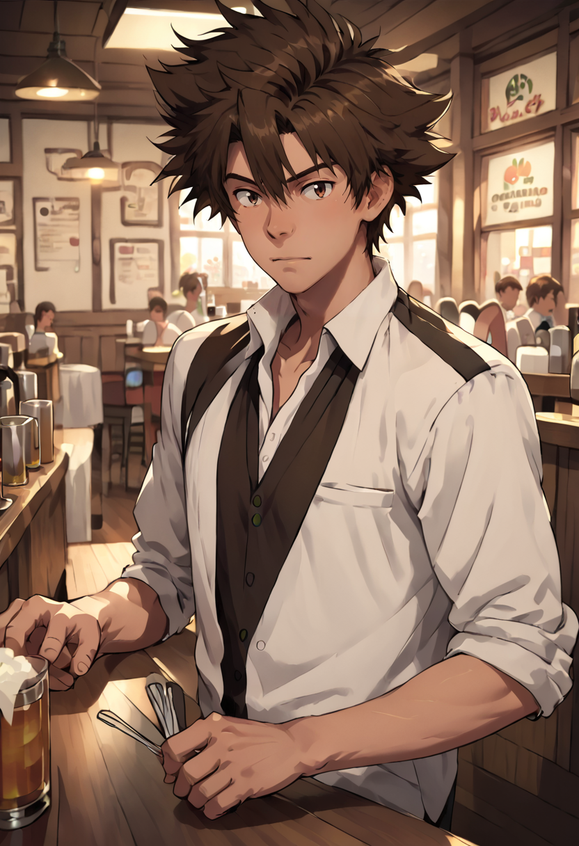 score_9,score_8_up,  <lora:YagamiTaichi:1>,yagami taichi, 1boy,solo, <lora:OtherStyle_06:0.6>,brown hair, brown eyes,bartender, indoors,