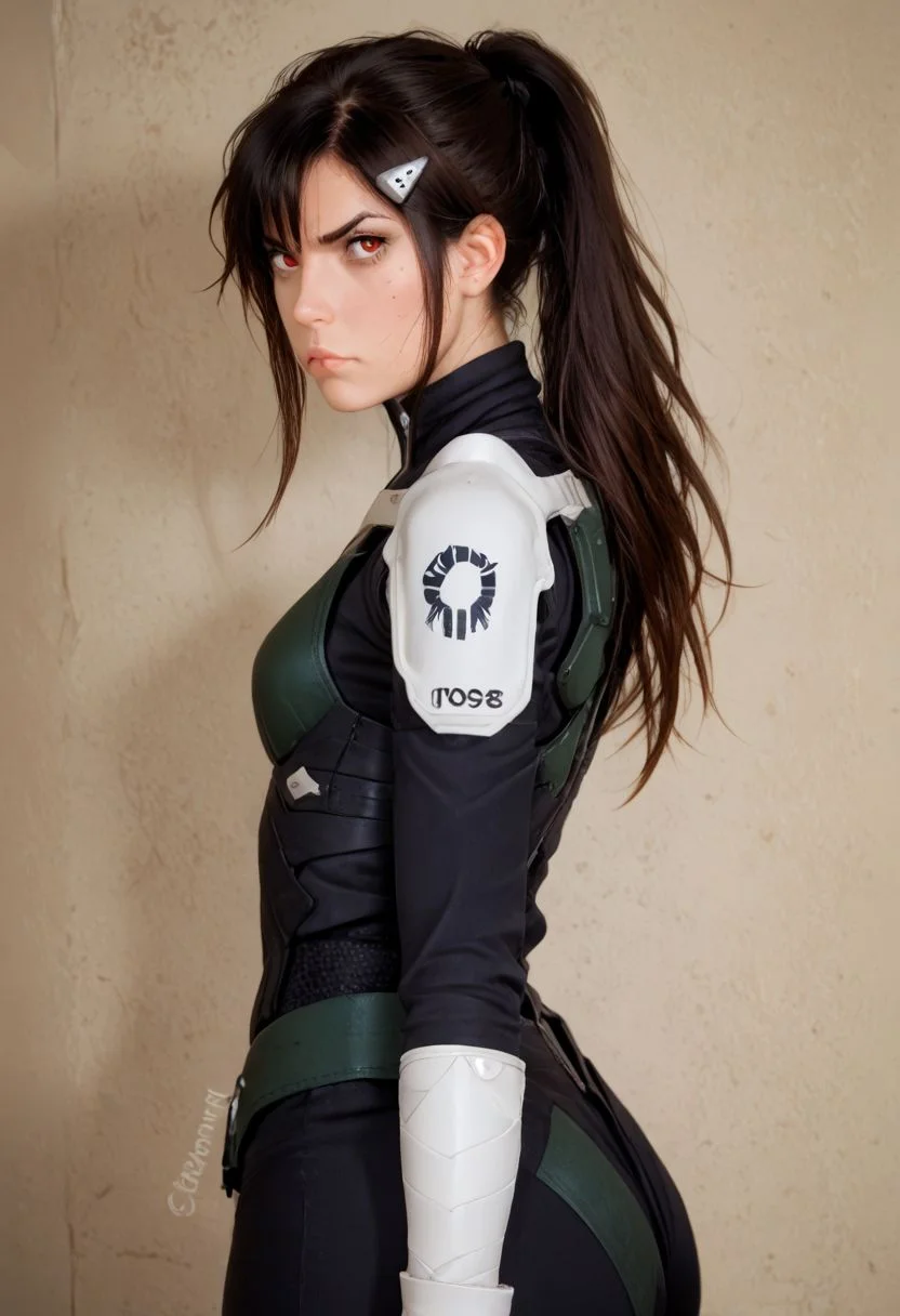 score_9, score_8_up, score_8, minaashiro, petite body, golden hour lighting, hospital, highest quality,(photorealistic), wide hips, small waist, standing up, ((perky ass, bubble butt, big ass:1.2)), ass from side, side shot, black hair, ponytail, long hair, hair ornament, mole under eye, mole, red eyes, bodysuit, armor, upper body shot, cowboy shot, angry expression, ((fully clothed:1.3))