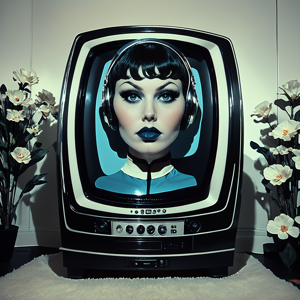 Score_9, score_8_up, score_7_up, score_6_up, BREAK  <lora:Abstract_Retro_Future_MoviePony:1> ArsMovieStill, Movie still from an abstract retro future movie, The image is a digital illustration of a television set with a portrait of a woman's face on the screen. The television is placed on a black stand with a red base and a white background. The woman has short dark hair styled in a bob with bangs and is wearing a pair of headphones on her head. She has dark lipstick on her lips and her eyes are looking directly at the camera. The image has a vintage retro feel to it. There are two vases with white flowers on either side of the television adding a touch of color to the scene., 1girl, solo, makeup, black hair, headphones, lipstick, looking at viewer, short hair, blue eyes, plant