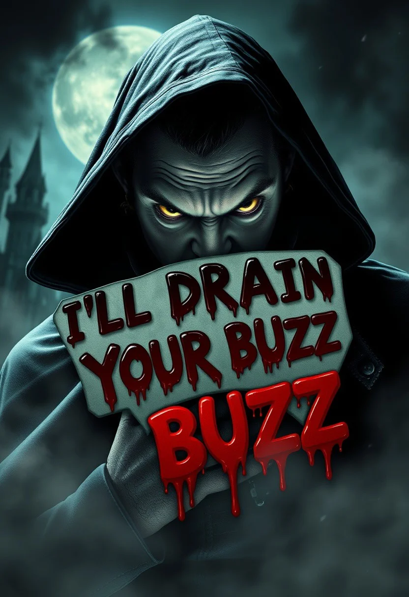 Hyper realistic style, dracula vampire with face hiding behind his cape in a classic pose with a balloon speech in blood dripping letters writing I'LL DRAIN YOUR BUZZ (high focus on dripping text). (High quality textures and colors), big eyes and long sharp fangs. Transilvânia background, dark castle with heavy fog and horror atmosphere. Open fov, full body,