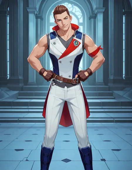 masterpiece, best quality, newest, perfect quality, best quality, detailed background, intricate details, male focus, solo, 2d, <lora:RWBY - Clover Ebi - Illustrious-000006:0.7>, cloverebi, 1boy, brown hair, very short hair, green eyes, sleeveless coat, single red armband, brown fingerless gloves, brown belt, white pants, blue boots, standing, hands on own hips, head tilt, smirk, looking at viewer