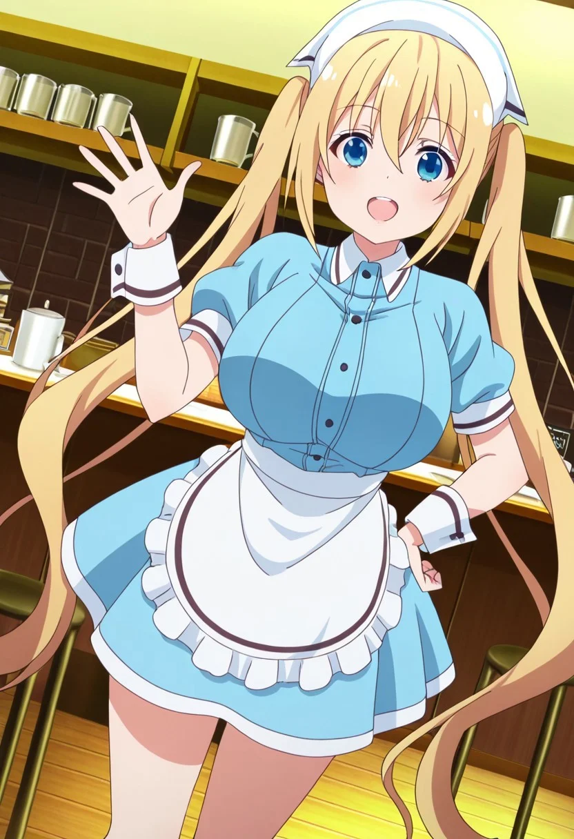 general,highres, ultra-detailed,very aesthetic,best quality ,best hands,best eyes,easynegative,
dynamic angle, dutch angle, anime cloring,anime screencap,
1girl solo,looking at viewer,Cafe,indoors, waving hand, hand on hip, smile, open mouth,
Kaho Hinata,blonde_hair, very long_twintails, huge_breasts, blue_eyes,light blue waitress costumes,