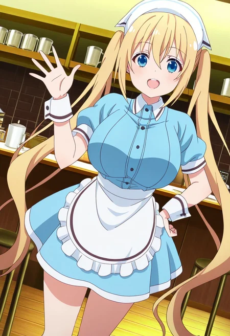 general,highres, ultra-detailed,very aesthetic,best quality ,best hands,best eyes,easynegative,
dynamic angle, dutch angle, anime cloring,anime screencap,
1girl solo,looking at viewer,Cafe,indoors, waving hand, hand on hip, smile, open mouth, 
Kaho Hinata,blonde_hair, very long_twintails, huge_breasts, blue_eyes,light blue waitress costumes,