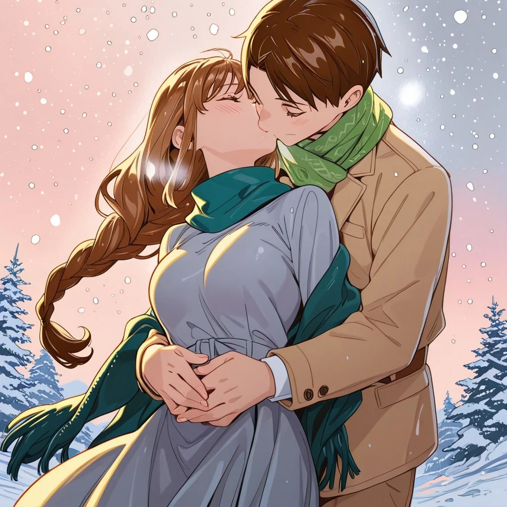 highres,ultra-detailed,illustration,colorful,masterpiece,extremely detailed,8k , manga art style , single panel , (1girl ,silver braided hair, flowing teal dress) , (1boy ,brown curls, ivory shirt, green scarf) , boy embraces girl gently from behind , winter , snowing , kisses neck , soft lighting