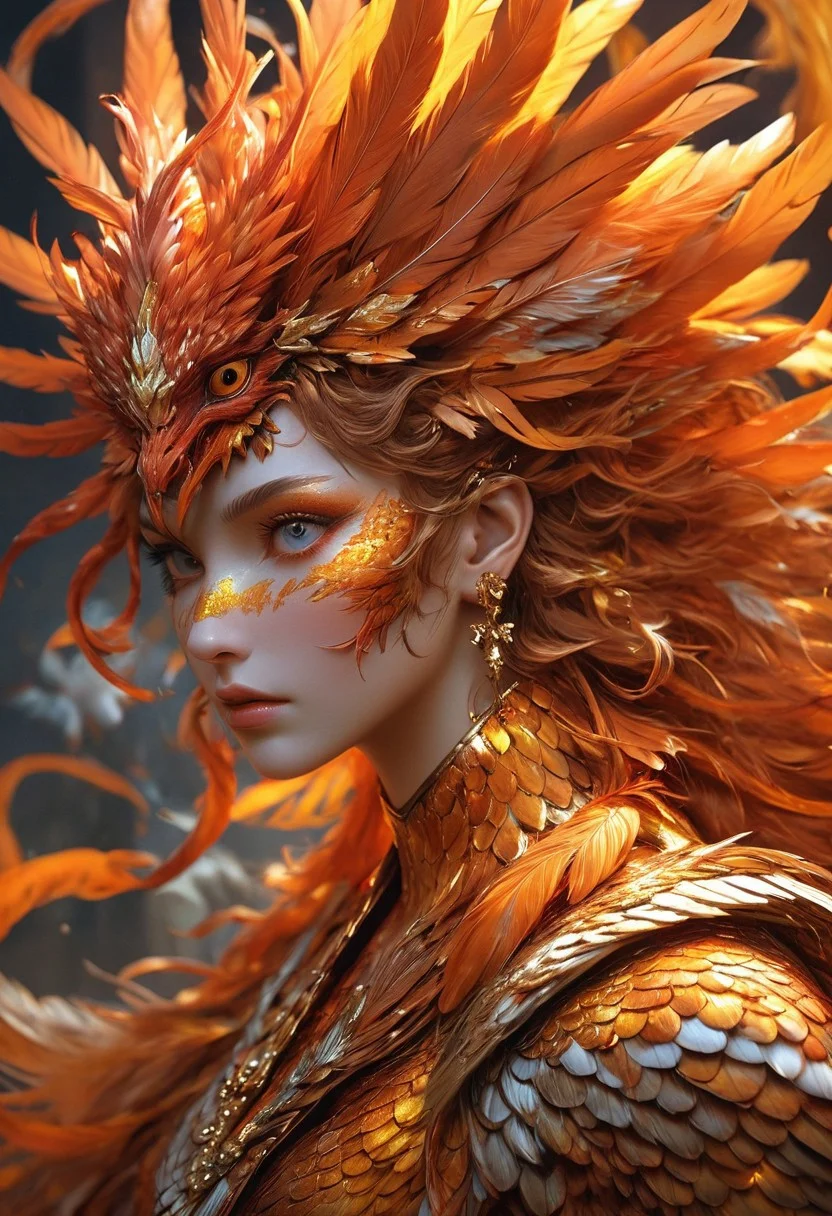 (masterpiece, best quality, stunning, highly detailed, close-up view of a medusa-phoenix hybrid creature, (intricate feathers, detailed scales, detailed snake-like hair, fiery feathers), dramatic lighting, HDR, (mythical, fantasy), oil painting), legendary creature, trending on artstation