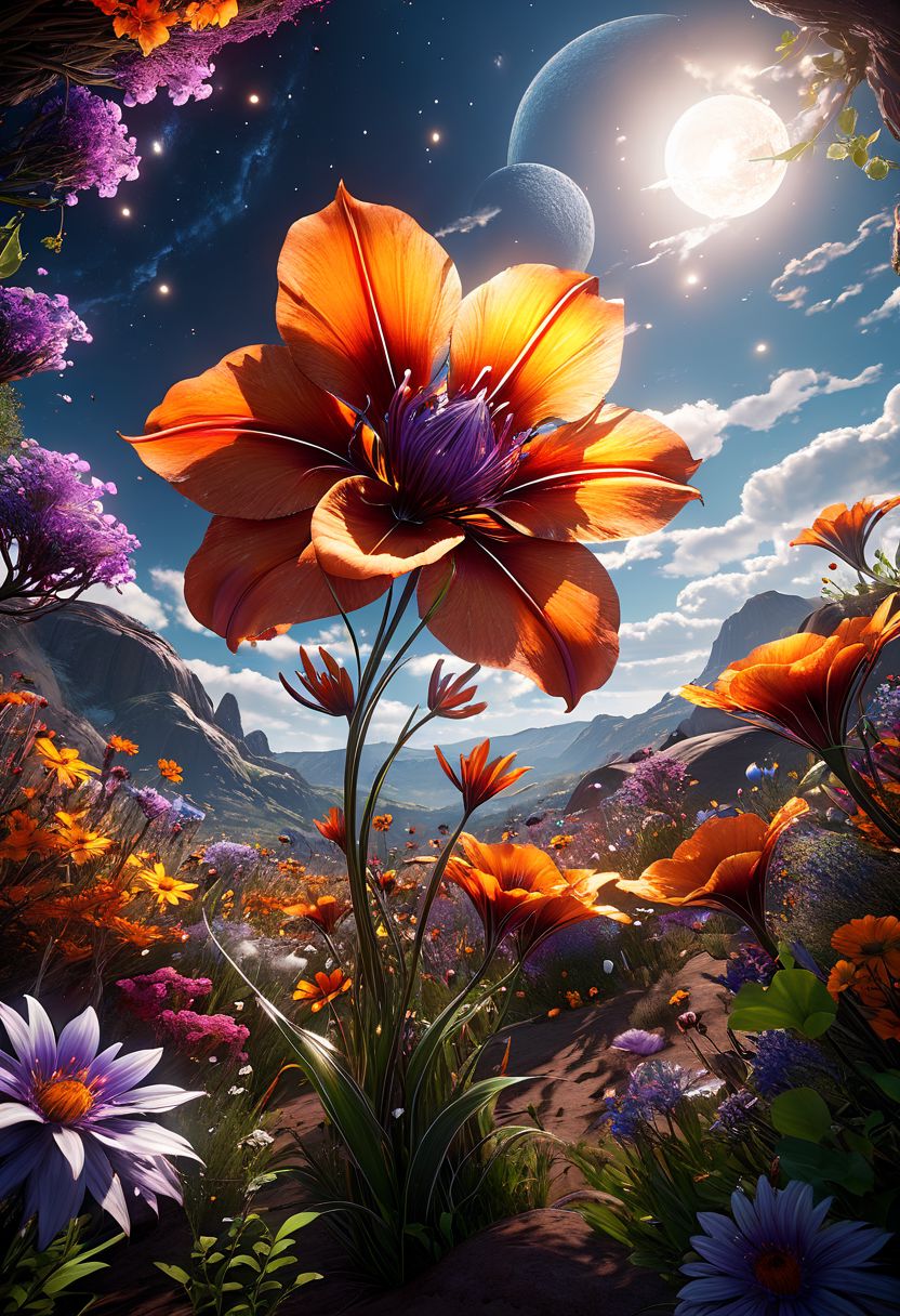 best quality,high resolution,extremely detailed,8k,dynamic angle, unreal 5 engine,celestial atmosphere,creative,vibrant cinematic  elemental realism epic  demonstration masterpiece inspired by floral nature,huge busy detailed scene