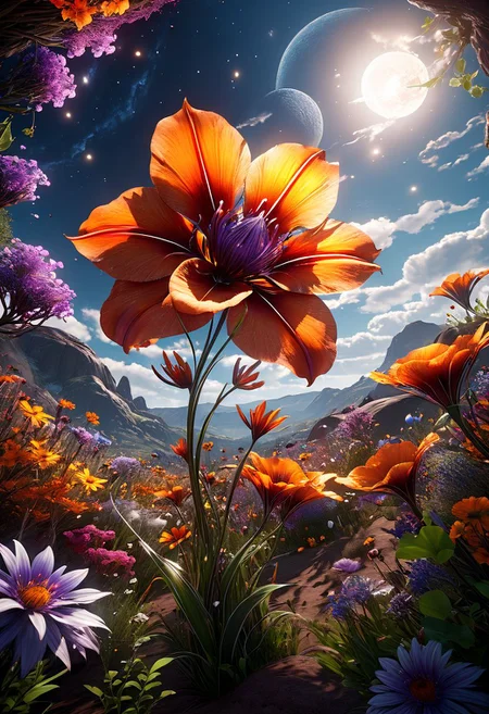 best quality,high resolution,extremely detailed,8k,dynamic angle, unreal 5 engine,celestial atmosphere,creative,vibrant cinematic  elemental realism epic  demonstration masterpiece inspired by floral nature,huge busy detailed scene