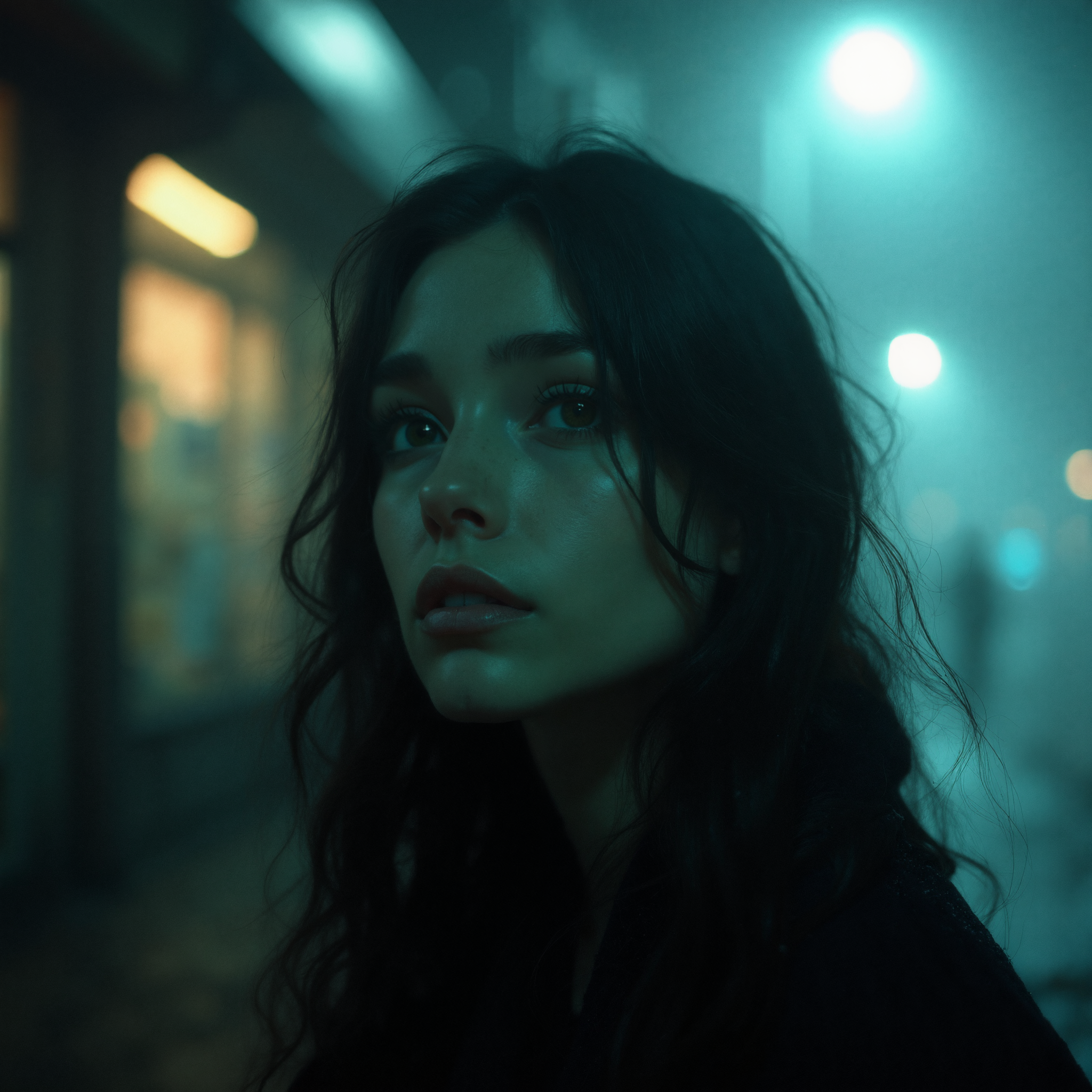 A mesmerizing close-up photograph presents a hauntingly beautiful scene of a young woman, standing alone in a dark and foggy city street. The solitary glow of a single streetlamp casts an ethereal light upon her face and frame. Her eyes gaze intently off into the distance as she appears lost in thought or contemplation. The urban backdrop is shrouded in heavy fog, adding to the eerie atmosphere that surrounds both woman and cityscape. Subtle details emerge from within this chilling scene: dewdrops on her lashes, individual hairs framing her face, and creases around her eyes betraying signs of emotion. The photograph captures an intimate moment in time, highlighting the raw beauty and vulnerability of its subject amidst the dark and ominous setting that envelops them both. The image was shot on Kodak Portra 400 film with a Canon SLR.<lora:flux_realism_lora:0.8>