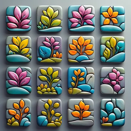 <lora:artfullyTILES_SDXL_V1:0.7>,icon collection arranged in a grid of a set of different colored,abstract colorful orchids,landscapes set set,bright glazes,ceramic,decorative relief,iconographic motifs,icons set isolated on grey background c,in the style of tactile textured paintings,luminous 3d objects,opaque resin panels,organic stone carvings,rounded forms,surrealistic ceramic sculptures,tonal colors,vibrant color blocks,vibrant fantasy landscapes,hyper-detailed illustrations,colorful biomorphic forms,