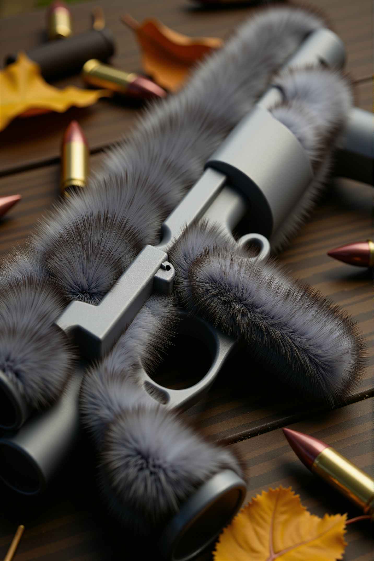 <lora:Fluffy_fur_2:0.9> FluffyFur. A sleek Desert Eagle, its formidable frame covered in airy, short-haired, fluffy fur, the fine strands mirroring the natural contours of its polished metal surface, transitioning from deep gunmetal gray to shimmering silver, with subtle hints of matte black along its grip and trigger. The fluffy fur is dense, following the precise engravings and angular lines of the firearm, giving it a surreal yet striking texture. Tiny, delicate hairs catch the light, creating a soft sheen that mimics the natural metallic luster of the gun. The Desert Eagle rests on a rustic wooden table, surrounded by scattered bullet casings and dry leaves, with a gentle autumn breeze hinted in the blurred background, adding a sense of warmth and organic harmony to this strange yet oddly natural creation.