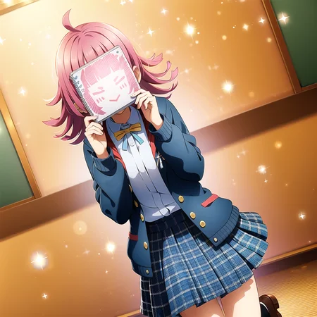 1girl, solo,(best quality),(masterpiece:1.1),(school uniform:1.4),Rina_chan_board on face , dress, looking_at_viewer, clear facial skin,