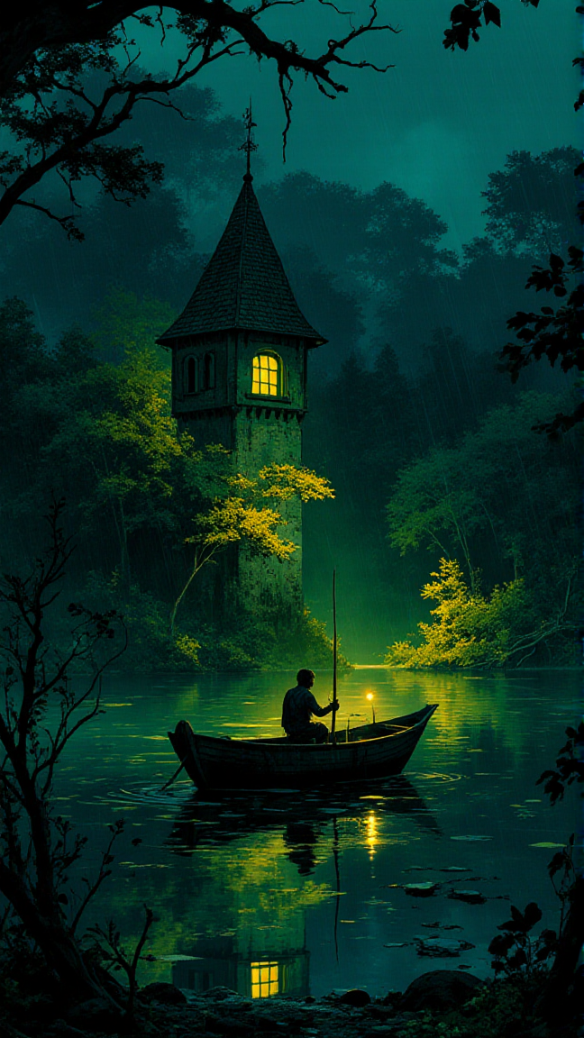 (anime), autumn, night, yellow leaves, darkness, a small lake in the midst of an endless forest landscape, in the middle of the lake, a flooded tower with a tiled roof and a weather vane can be seen from the water. A bright green light can be seen from the windows of the tower. it is raining fine, a lone fisherman in a boat smokes a pipe, we see the light of his pipe<lora:Anime v1.3:1>