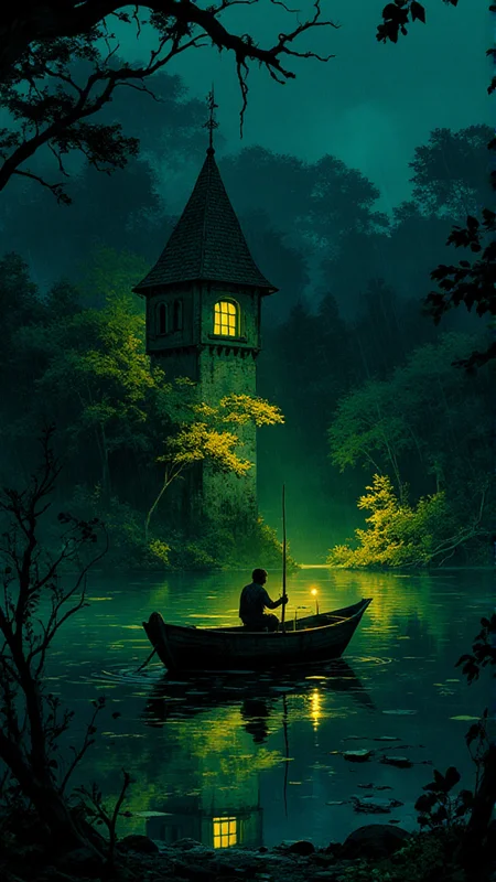 (anime), autumn, night, yellow leaves, darkness, a small lake in the midst of an endless forest landscape, in the middle of the lake, a flooded tower with a tiled roof and a weather vane can be seen from the water. A bright green light can be seen from the windows of the tower. it is raining fine, a lone fisherman in a boat smokes a pipe, we see the light of his pipe<lora:Anime v1.3:1>