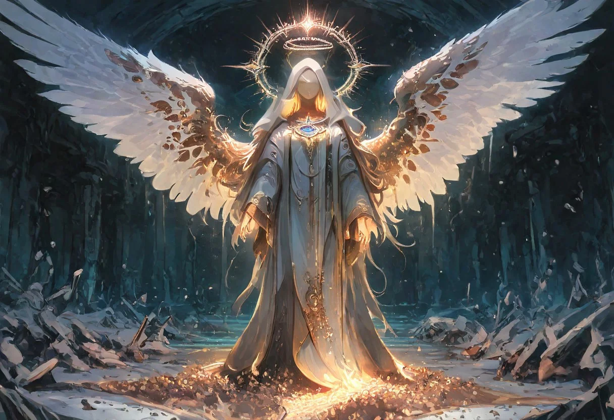 The image depicts a mystical figure resembling an angel, standing in an abandoned space. The angel is adorned with large, ornate white wings, and wears a flowing white robe. A hood obscures the figure's face, adding an air of mystery. Behind the angel is a prominent circular halo made of gold, embellished with colorful jewels. The setting is dimly lit, with scattered debris on the ground, enhancing the ethereal and haunting atmosphere of the scene.