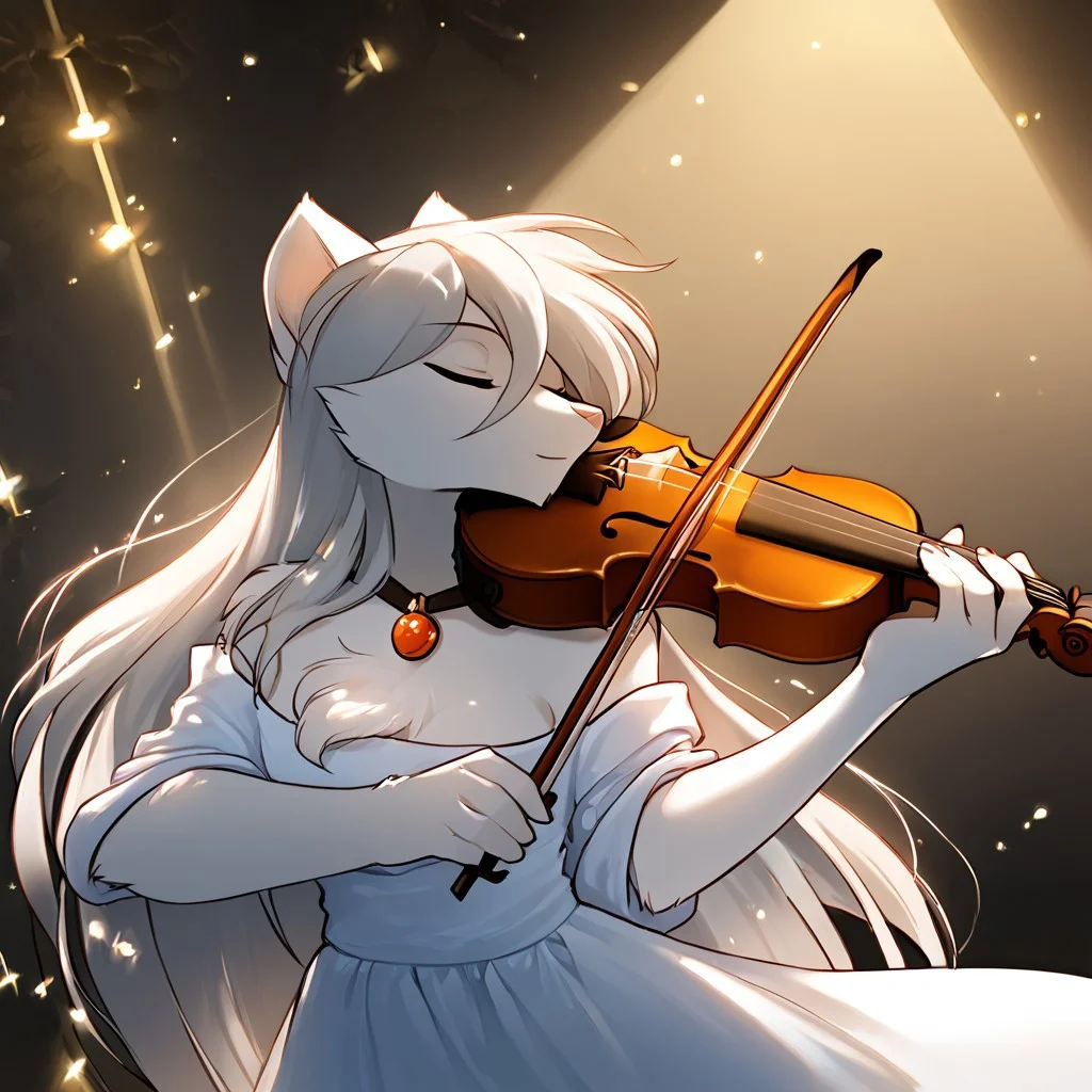 score_9, score_8_up, score_7_up, masterpiece, best quality, good quality, highly detailed, absurdres, smooth, Expressiveh, concert hall, spotlight, 1 girl, solo, raine-twokinds, anthro, white hair, long dress, bare shoulders, playing-violin, violin, holding, bow \(music\), playing violin, closed eyes