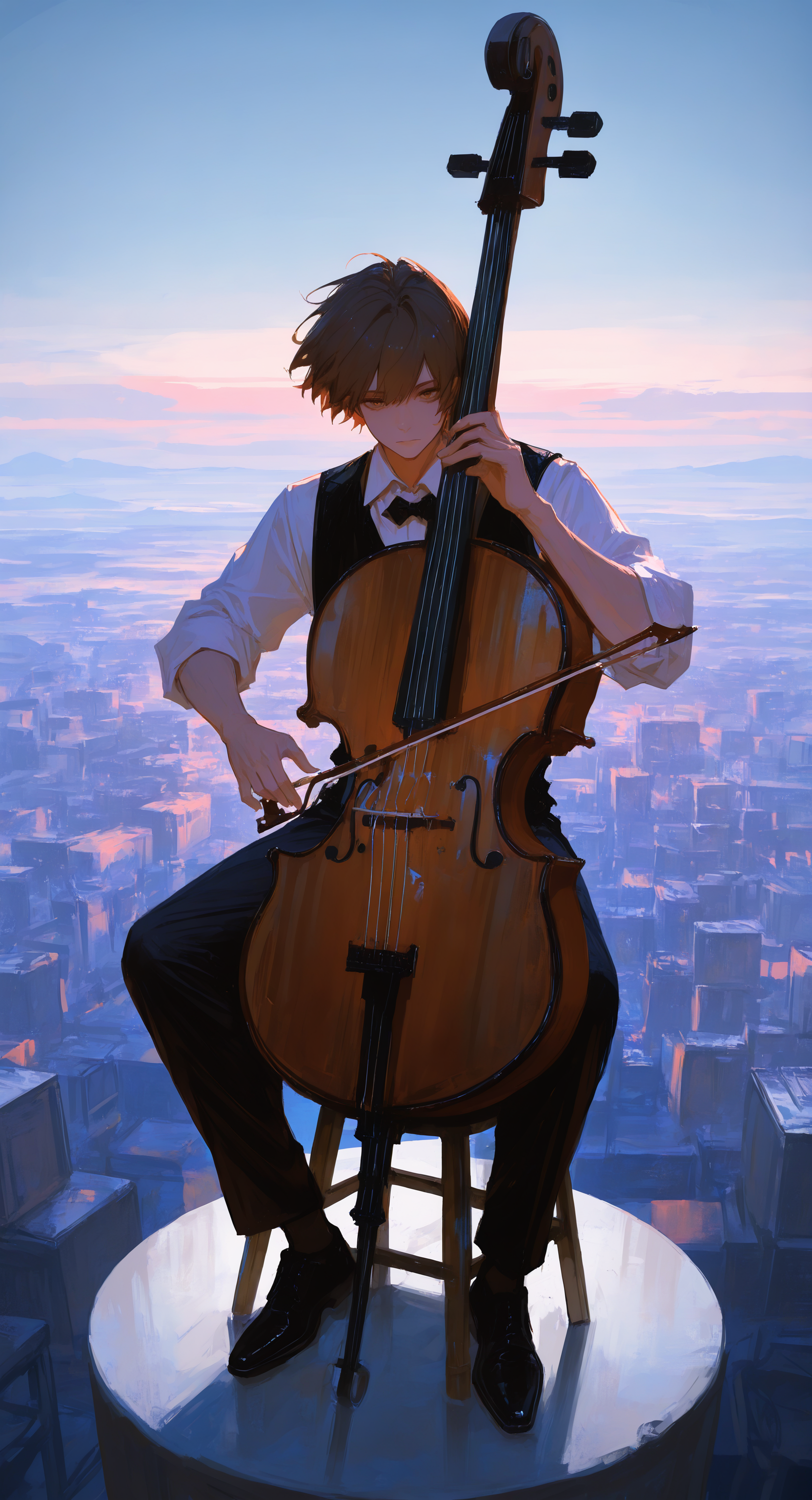 masterpiece, best quality, good quality, very aesthetic, absurdres, newest,  solo, looking at viewer, short hair, shirt, brown hair, 1boy, holding, closed mouth, sitting, white shirt, full body, male focus, collared shirt, pants, outdoors,sky, wind,black footwear, vest, black pants, chair, instrument, sleeves rolled up, black vest, music, holding instrument, playing instrument, stool, bow \(music\), (big cello:1.2), Wide Shot, Atmospheric Perspective,
The overall scene should have a bright and colorful atmosphere, with the main tone being light blue. <lora:spo_sdxl_10ep_4k-data_lora_webui:0.6> <lora:ponyv5_noobV065S_1_adamW-000013:0.7> <lora:USNR_STYLE_XL_lokr:0.5> <lora:EtherSDXL:0.15> <lora:748cmSDXL:0.5>