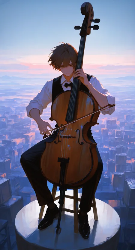 masterpiece, best quality, good quality, very aesthetic, absurdres, newest, solo, looking at viewer, short hair, shirt, brown hair, 1boy, holding, closed mouth, sitting, white shirt, full body, male focus, collared shirt, pants, outdoors,sky, wind,black footwear, vest, black pants, chair, instrument, sleeves rolled up, black vest, music, holding instrument, playing instrument, stool, bow \(music\), (big cello:1.2), Wide Shot, Atmospheric Perspective,
The overall scene should have a bright and colorful atmosphere, with the main tone being light blue. <lora:spo_sdxl_10ep_4k-data_lora_webui:0.6> <lora:ponyv5_noobV065S_1_adamW-000013:0.7> <lora:USNR_STYLE_XL_lokr:0.5> <lora:EtherSDXL:0.15> <lora:748cmSDXL:0.5>