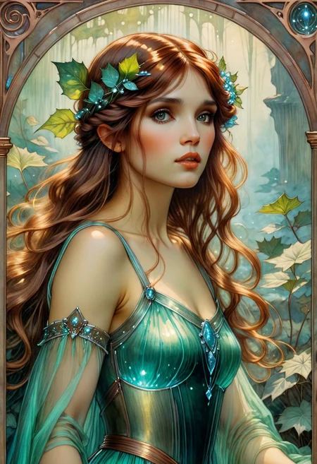 detailed gorgeous face, bioluminescent dryad, cottagecore aesthetic, artstation, extremely sharp detail, finely tuned detail, ultra high definition, ultra sharp focus, illustration, line art, watercolor, brian froud and alphonse mucha and john william waterhouse style, John William Waterhouse Style page