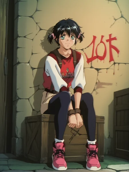 score_9, score_8_up, score_7_up, <lora:words-worth-ponyxl-000009:1> silvanna, streetwear, 1girl, solo, sitting, crate, wall, graffiti, cowboy shot