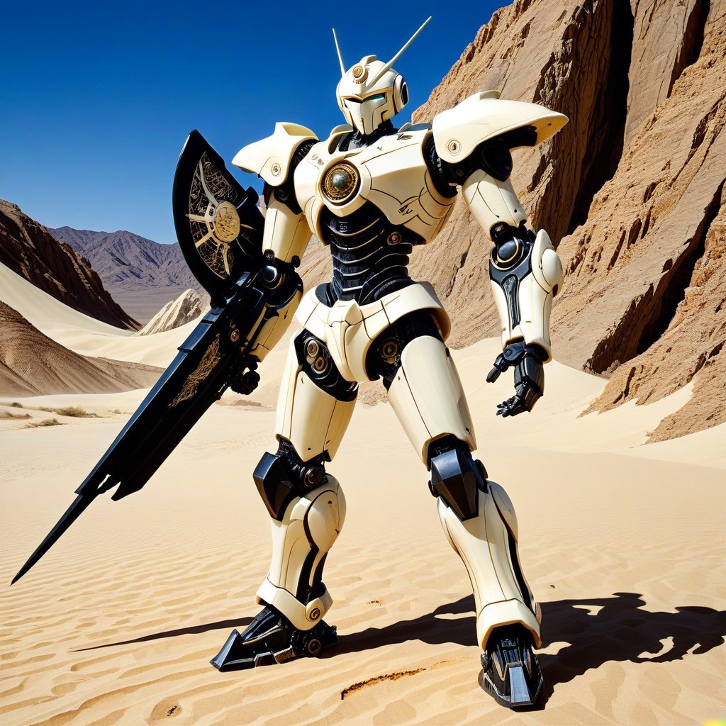 made out of, ebony, ivory, scrimshaw, bone carving, mecha, standing, pose, super robot anime, anime style,  desert mountain, 2d high score, masterpiece, best quality, absurdres,