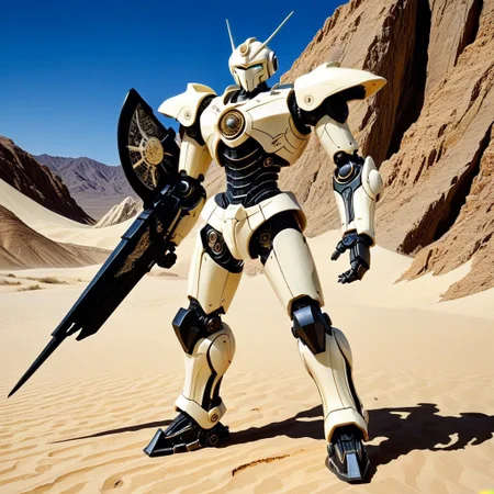 made out of, ebony, ivory, scrimshaw, bone carving, mecha, standing, pose, super robot anime, anime style, desert mountain, 2d high score, masterpiece, best quality, absurdres,