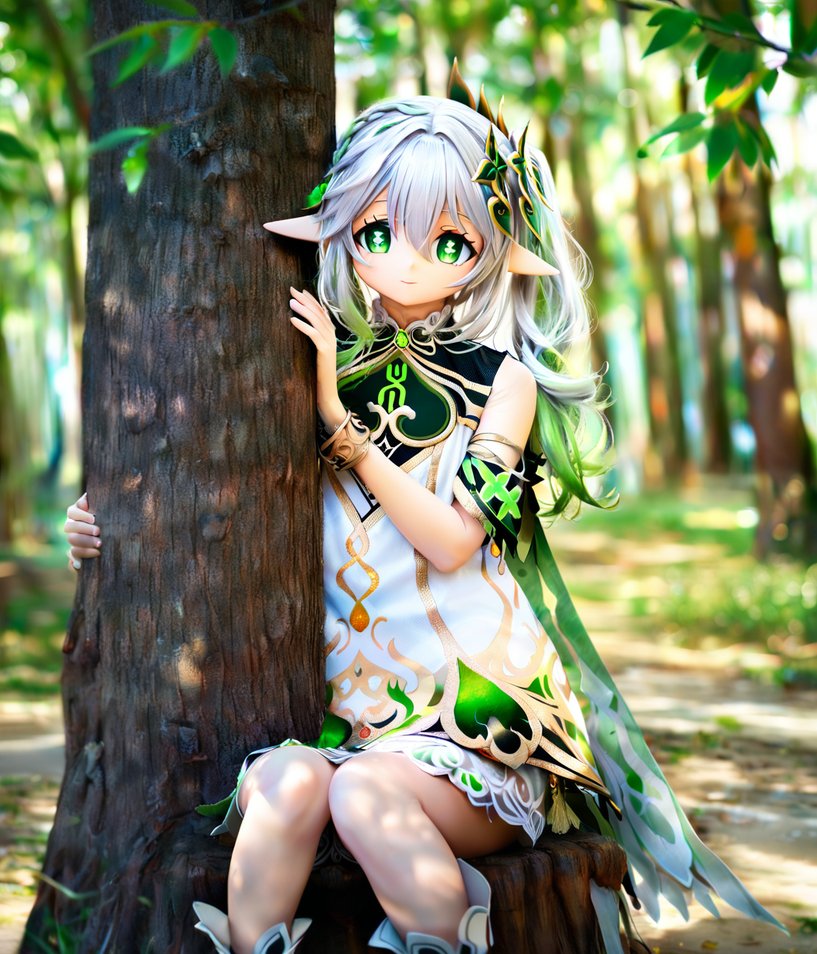 1girl, 
nahida \(genshin impact\),  
sitting, tree, sunlight, dappled sunlight, under tree, green hair, green cape, green eyes, gold trim, outdoors, hair between eyes, branch, pointy ears, light particles, white hair, feet out of frame, nature, forest, smile, bracelet, holding, jewelry, symbol-shaped pupils, looking at viewer, multicolored hair, bare shoulders, leaf hair ornament, closed mouth, cross-shaped pupils, dress, solo, white dress, side ponytail, tree shade, cape, gradient hair, long hair, hair ornament, blurry, depth of field, two-tone hair, 
masterpiece, best quality,  safe
 <lora:kig_xl_v2b:0.8>