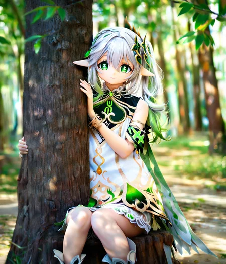 1girl,
nahida \(genshin impact\),
sitting, tree, sunlight, dappled sunlight, under tree, green hair, green cape, green eyes, gold trim, outdoors, hair between eyes, branch, pointy ears, light particles, white hair, feet out of frame, nature, forest, smile, bracelet, holding, jewelry, symbol-shaped pupils, looking at viewer, multicolored hair, bare shoulders, leaf hair ornament, closed mouth, cross-shaped pupils, dress, solo, white dress, side ponytail, tree shade, cape, gradient hair, long hair, hair ornament, blurry, depth of field, two-tone hair,
masterpiece, best quality, safe
<lora:kig_xl_v2b:0.8>
