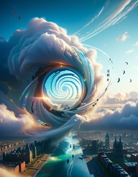 high fantasy, mythical, mysterious, sense of depth, blurred background, iridescent, vivid, highly detailed, diffuse, diffusion, glowing, light reflection, transparent, multidimensional, chromatic, sfx, chroma, gradient, This stunning image is rendered in insanely high resolution, realistic, 8k, HD, HDR, XDR, focus + sharpen + wide-angle 8K resolution + HDR10 Ken Burns effect + Adobe Lightroom + rule-of-thirds + high-detailed bark. Canon EOS 5D Mark III, 1/160s, f/8, ISO 100, vivid, vibrant, high saturation, bright colors, wide angle, focal point, fisheye lens, distorted perspective inside cloud, (windy:1.15), sky, desolate cityscape, flying, high angle, (hurricane, tornado:1.15), cyclone, visible wind, motion line, soaring, (wind god), double exposure, debris flying through the sky, (Jörmungandr), view from above, overlooking cityscape, vortex, smog, fog