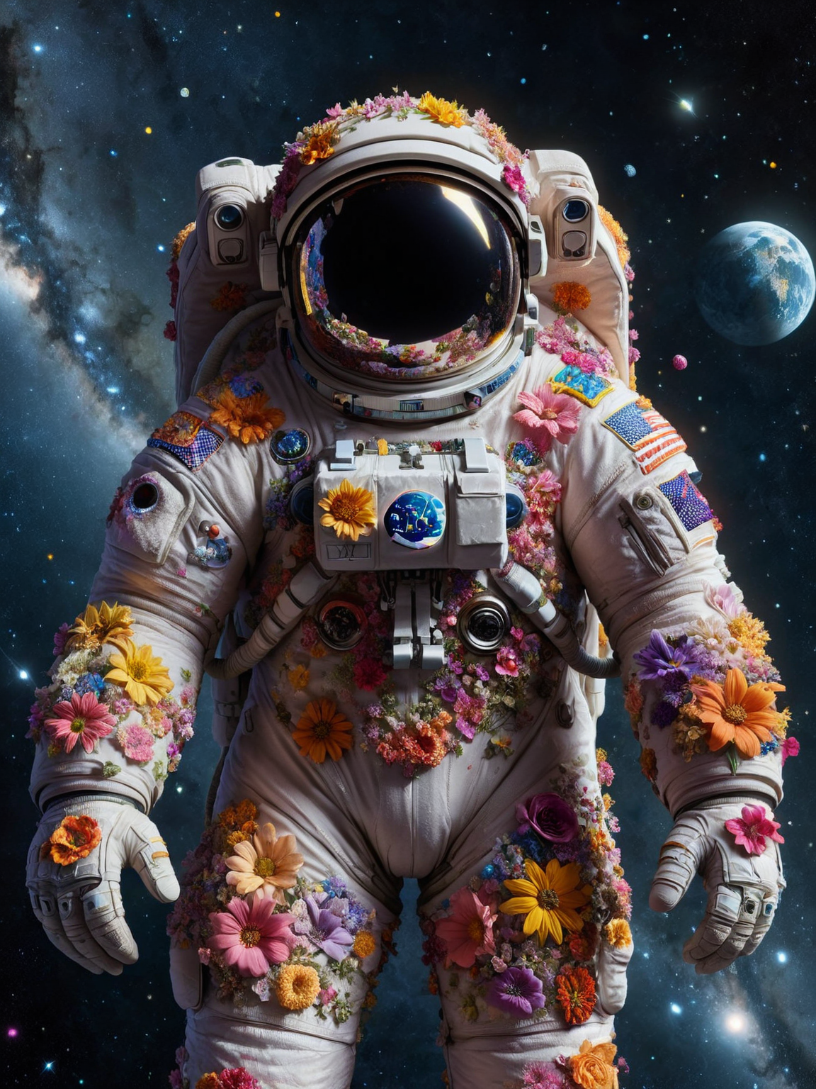 An ais-flowery astronaut floating in space, surrounded by ais-flowery celestial bodies <lora:Flowery_Style_SDXL:1>,<lora:EnvyBetterHiresFixXL01:0:hr=1>