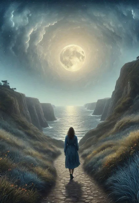 woman,  seascape,  moonlit night,cliff pathway
16k surreal, expressive,primary and complimentary colours