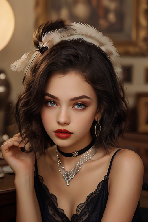 <lora:Charleston:0.8>bellissima, hip, thighhighs, ,xcharleston style, 1girl, breasts, looking at viewer, short hair, blue eyes, black hair, hair ornament, dress, bow, jewelry, hairband, earrings, parted lips, multiple boys, solo focus, bowtie, necklace, makeup, formal, suit, feathers, lipstick, gem, 6+boys, realistic, red lips, lamp<lora:BellissimaSD_v4.1:1>