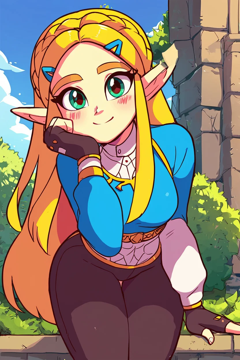 score_9, score_8_up, score_8, medium breasts, cute, eyelashes, leaning forward, princess zelda, long hair, crown braid, hairclip, pointy ears, blue shirt, long sleeves, fingerless gloves, black gloves, black pants, tight pants, green eyes, solo, looking at viewer, smile, blush, <lora:Diives_P1:0.8>,