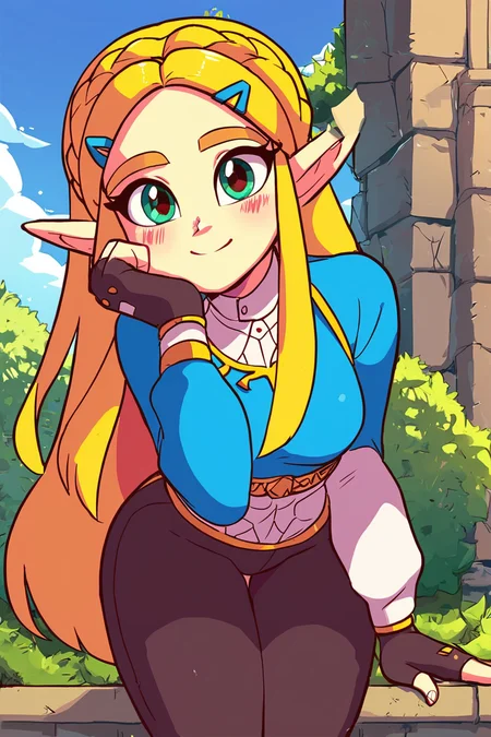 score_9, score_8_up, score_8, medium breasts, cute, eyelashes,  leaning forward, princess zelda, long hair, crown braid, hairclip, pointy ears, blue shirt, long sleeves, fingerless gloves, black gloves, black pants, tight pants, green eyes, solo,  looking at viewer, smile, blush,  <lora:Diives_P1:0.8>,