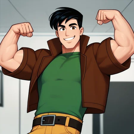 score_9, score_8_up, score_7_up BREAK RyanDef, 1boy, black hair, brown eyes, open brown jacket, green undershirt, belt, buckle, yellow pants, cowboy shot, flexing muscles, posing for viewer, muscular, flexing, smiling,