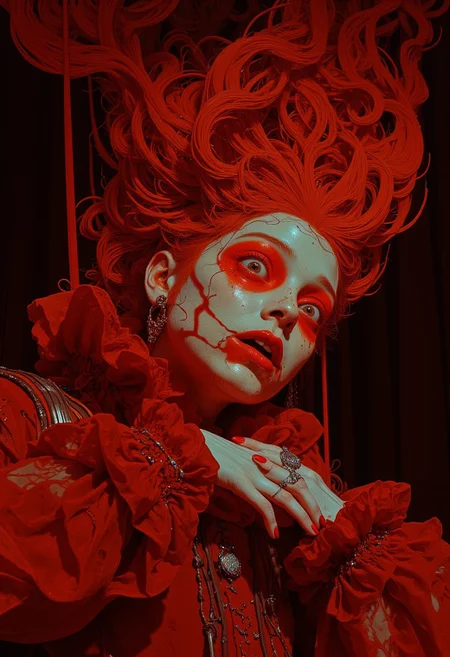 An eerie and surreal portrait of a woman, her face painted pale white with vibrant red blush covering her cheeks and eyelids. Her shocked expression and wide, unsettling gaze contrast the dramatic makeup. Her voluminous, curly hair flows upward, dyed in shades of orange and fiery red, resembling flames. She is wearing an elaborate red Victorian-inspired gown with flowing sheer sleeves, adorned with ruffled cuffs.
Her pale hands, with perfectly manicured red nails and adorned with ornate silver rings, clasp gently around her neck in a symbolic pose. The background is deep shadowed red, creating a haunting and theatrical atmosphere. The lighting is soft but moody, casting subtle highlights across her face and hands, amplifying the intensity of her expression and costume.