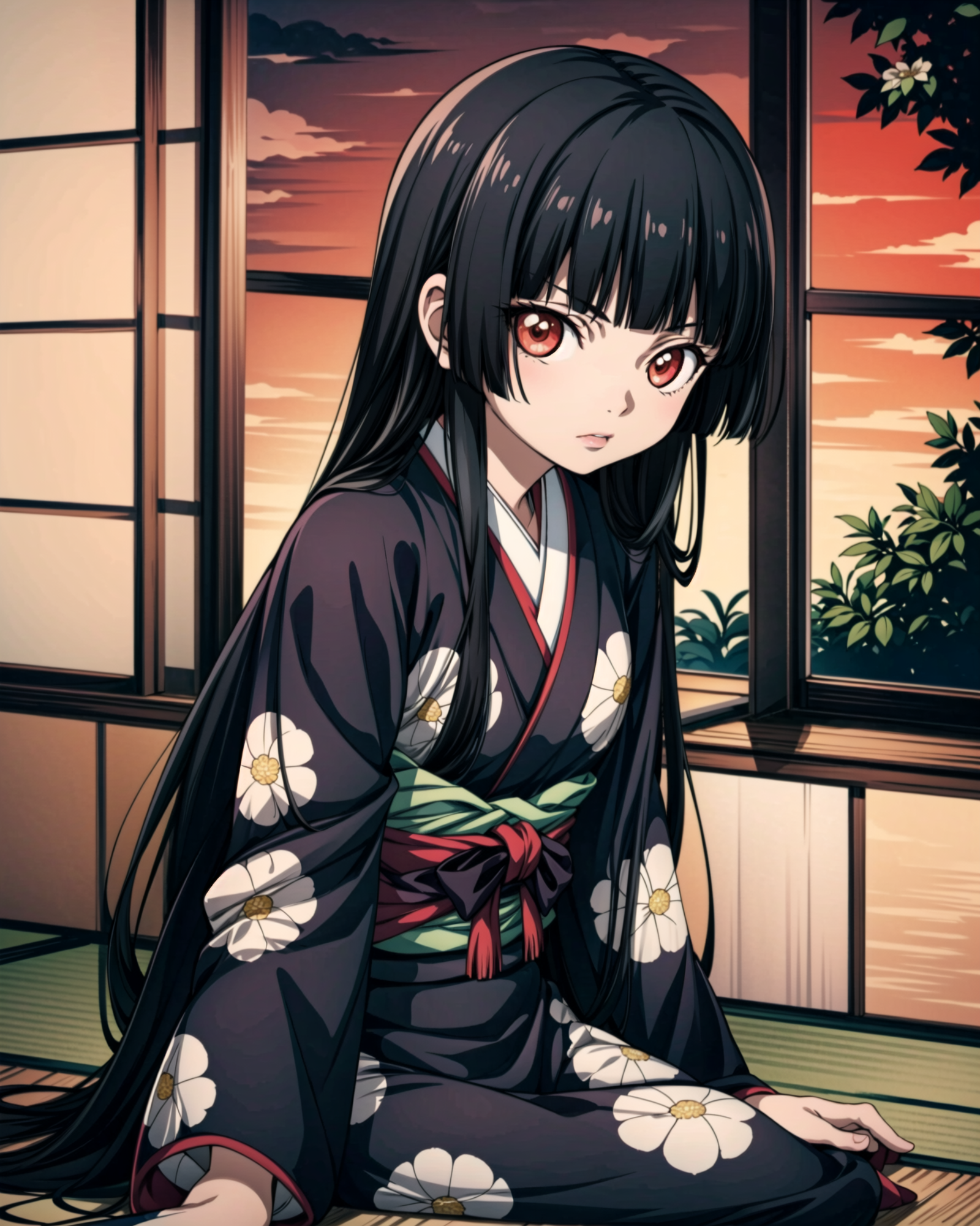 <lora:em_ai_v1:1>, masterpiece, best quality, 1girl, solo, enma ai, black kimono, floral print, japanese clothes, sunset, twilight, beautiful, gravure, hime_cut, blunt_bangs, very_long_hair, shouji, window, tatami, scenery, cinematic lighting, <lora:add_detail:1>, masterpiece, best quality, perfect composition, <lyco:GoodHands-beta2:1.0>