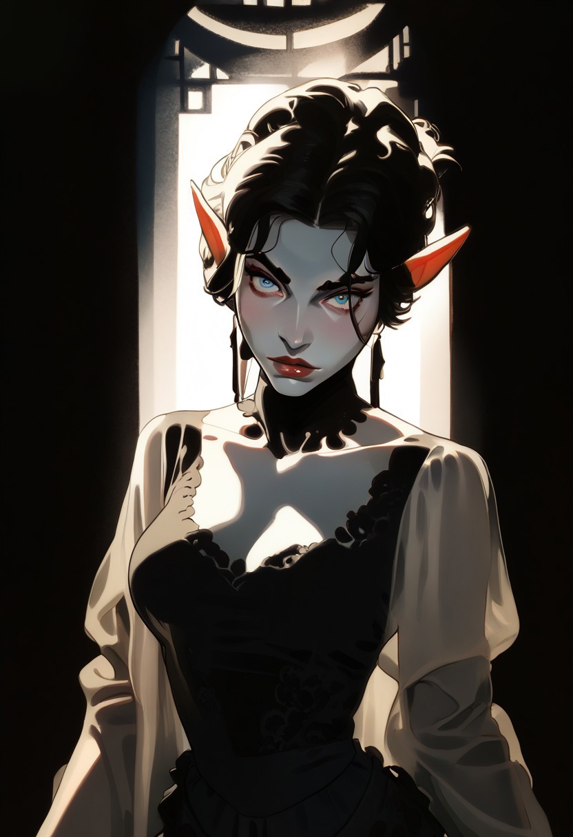 score_9, score_8_up, score_7_up,
1 girl, solo,
elf woman, beautiful, delicate,
black hair, slicked hair, large breasts,
pale skin, milky skin, very tall,
light blue eyes, looking at viewer,
petite body, dark elvish make-up,
dark blue intricate dress, thin translucent gown,
dynamic pose, sexy posing,
fantasy, elvish style,
boris valejjo,