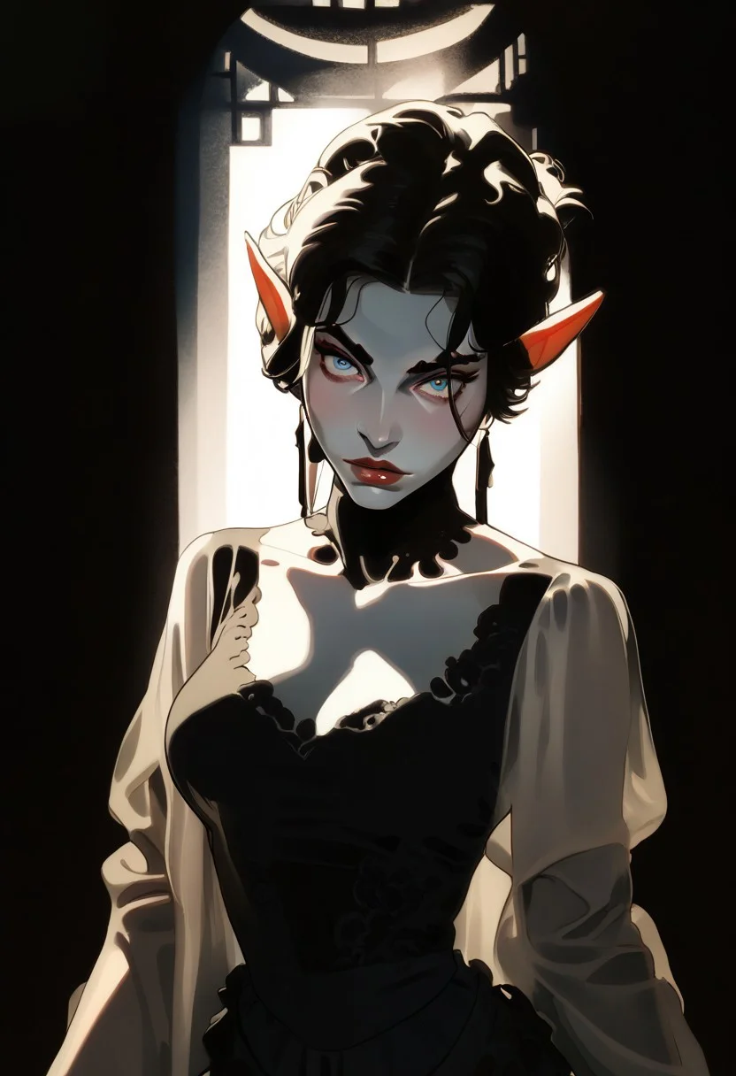 score_9, score_8_up, score_7_up,
1 girl, solo,
elf woman, beautiful, delicate,
black hair, slicked hair, large breasts,
pale skin, milky skin, very tall,
light blue eyes, looking at viewer,
petite body, dark elvish make-up,
dark blue intricate dress, thin translucent gown,
dynamic pose, sexy posing,
fantasy, elvish style,
boris valejjo,