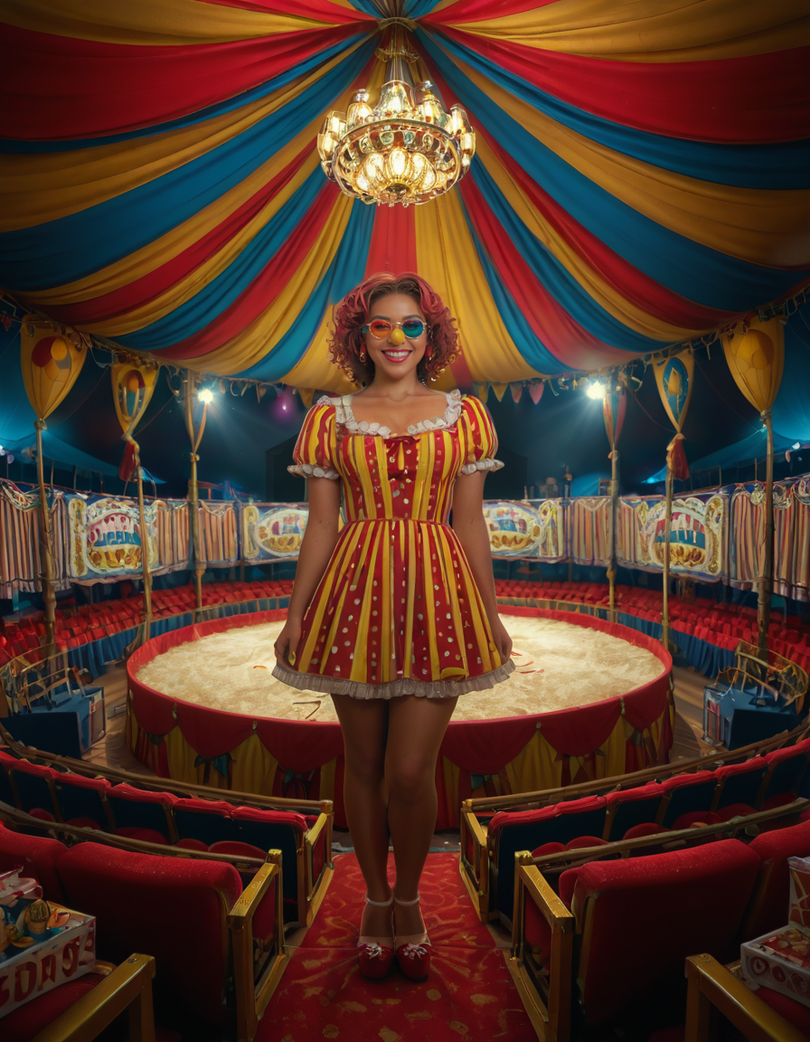 focus on woman face,rating_safe,A vibrant and colorful scene inside a grand circus tent,grand c1rcus, featuring a woman dressed as a whimsical clown. She is wearing an elaborate costume with a mix of bold patternsâred and white stripes, polka dots, and bright yellow accents. Her hair is styled in playful, oversized curls, dyed in shades of blue and pink. She is standing center stage, under a spotlight that casts a warm glow, making her sequined outfit sparkle. Her pose is dynamic and engaging, as if she is about to perform a trick or joke, with a wide, inviting smile. The background showcases the lively atmosphere of the circus, with colorful banners, a large audience in shadowy rows, and hints of other performers or props like juggling pins or unicycles. The overall lighting is bright and cheerful, emphasizing the magical, festive mood of the circus.<lora:SDXLFaeTastic2400:0.4> <lora:extremely_detailed:0.4> extremely detailed, <lora:grand_c1rcus:1>, Masterpiece,best quality,hi res,8k,hi res,8k,award winning,(sharp focus, intricate, highly detailed),