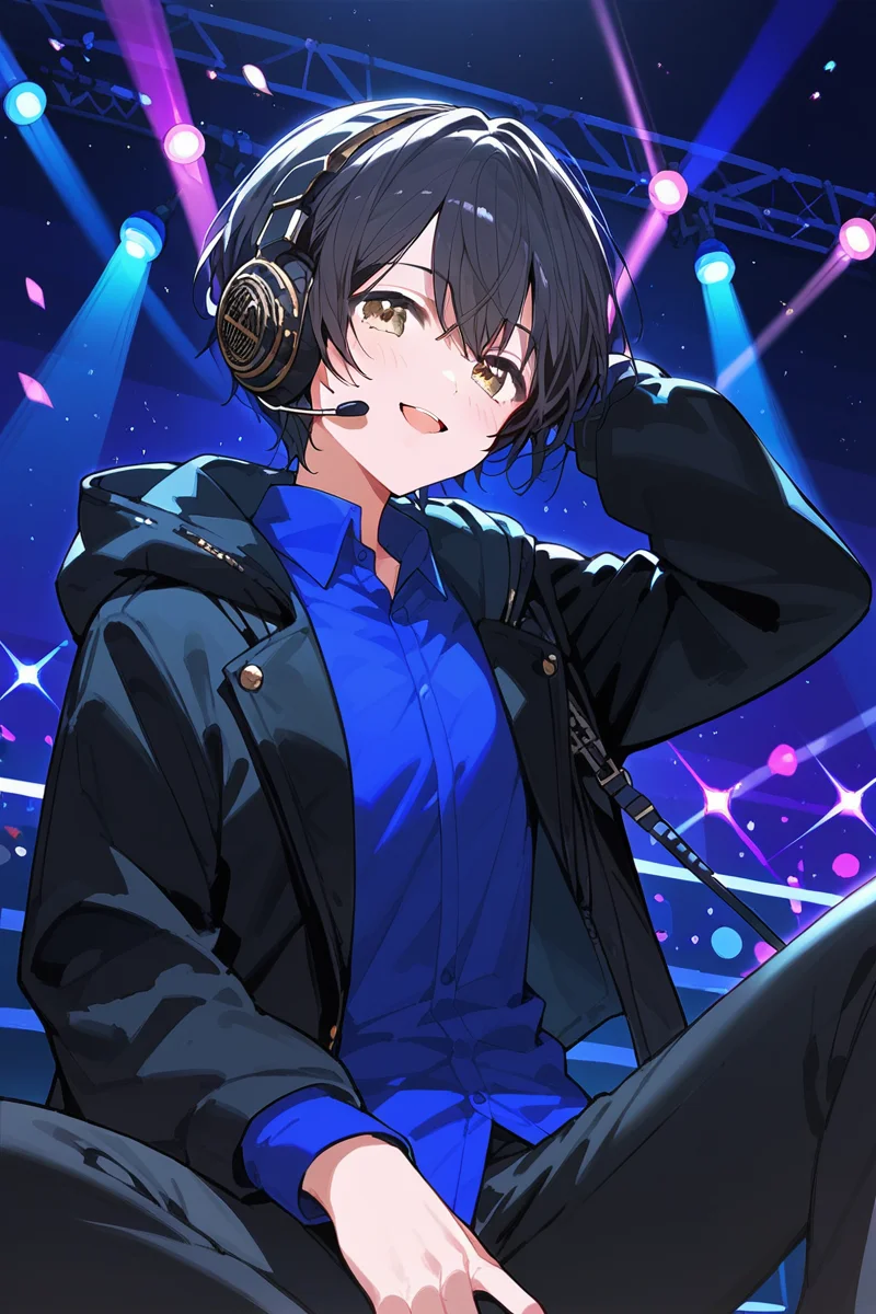 score_9, score_8_up, score_7_up, score_6_up, 1girl,
<lora:Miyake_Aoi:0.9> aoi, black hair, short hair, black jacket, blue shirt, headphones, color lights, club stage, black pants,