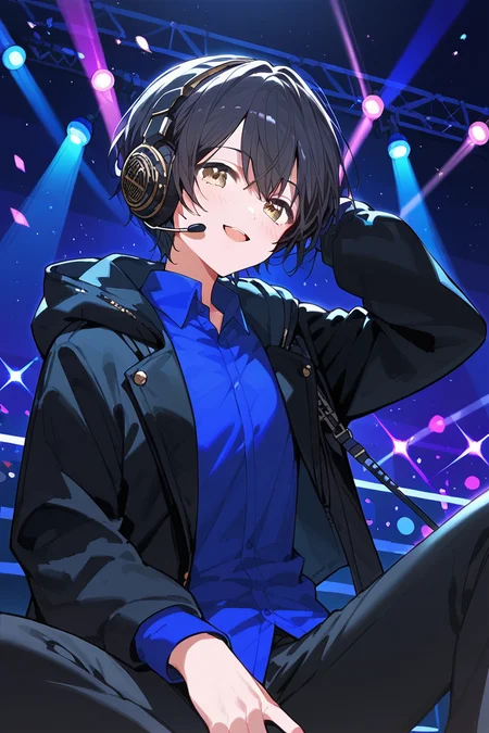 score_9, score_8_up, score_7_up, score_6_up, 1girl,
<lora:Miyake_Aoi:0.9> aoi, black hair, short hair, black jacket, blue shirt, headphones, color lights, club stage, black pants,