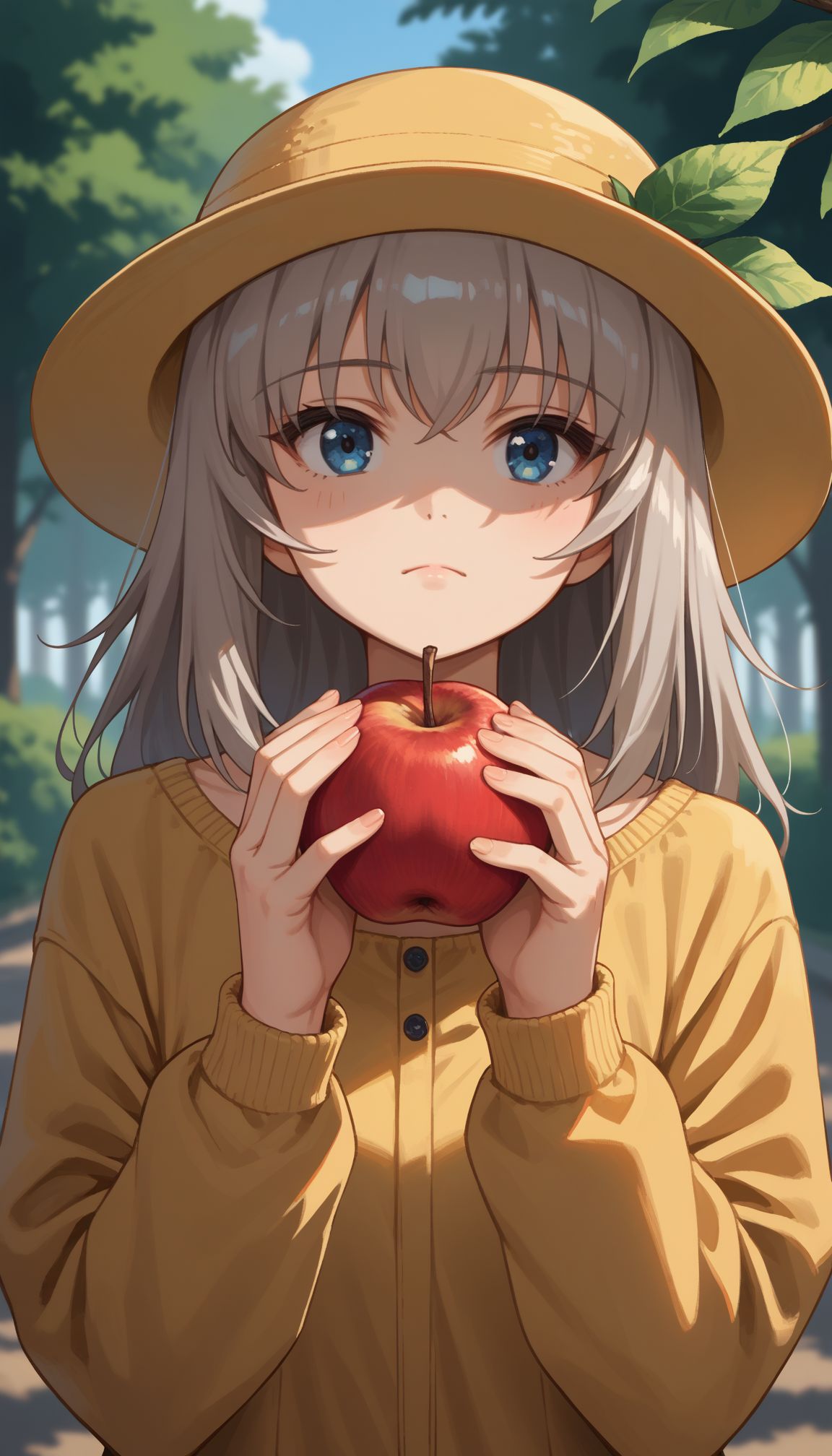 score_9, score_8_up, score_7_up, score_6_up, score_5_up, score_4_up, source_anime, 
 <lora:GUPErika:1> , 1girl, itsumi erika, blue eyes, grey hair, long hair,1girl, solo, fruit, food, holding, holding food, long hair, holding fruit, outdoors, apple, long sleeves, yellow headwear, upper body, blurry, closed mouth, tree, blue eyes, hat, day, blurry background, bangs, hands up, looking up, leaf