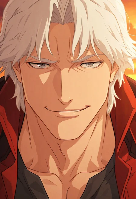 masterpiece, very aesthetic, absurdres, best quality, detailed face, detailed eyes, intricate details, 1boy, solo, dante, smile, smirk, single eyebrow up, white hair, curtained hair, armor, open jacket, shoulder armor, red jacket, shirt, coat, black shirt, jacket, grey eyes, closeup, portrait, outdoors, sunset, fantasy, cinematic,
