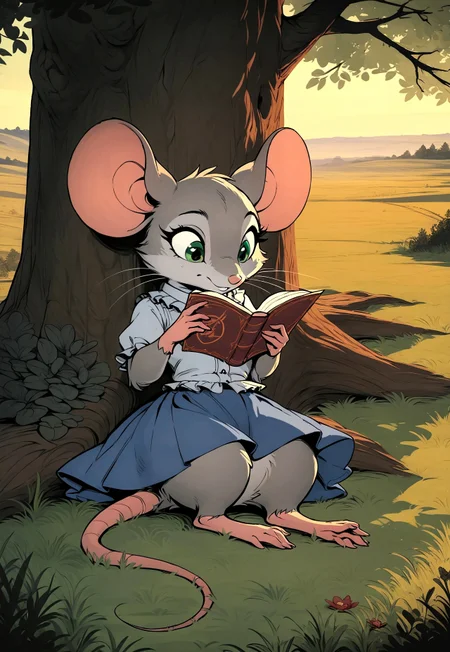 score_9, score_8_up, score_7_up, score_6_up, score_5_up, score_4_up,
[][][][][]
(((mouse))), (feral), furry, female, solo, (fluffy:0.8), (fluffy cheeks:0.4), cute, 
[][][][][]
(short frilly shirt, [[[short]]] blue skirt), grey fur, grey ears, green eyes, 
[][][][][]
flat color, in the style of Beatrix Potter,
[][][][][]
cel-shading, backlit, (cool color pallet), lying back, grass, (lying against enormous tree:1.5) reading, (look down:1.4)
[][][][][]
outdoors, field, daylight,