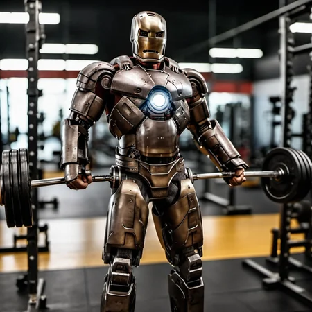 IronManMark1-1024, a robot, full body, weightlifting in a gym, highly detailed , photography, ultra sharp, film, bokeh, professional, 4k <lora:add-detail-xl:1.5> <lora:IronManMark1-1024-000330:0.8>
